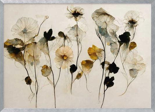 A framed artwork depicting a collection of delicate, translucent flowers against a pale, neutral background. The flowers, rendered in a watercolor style, are in shades of white, muted yellow, and deep black, with thin, wispy stems. The entire piece is enclosed in a simple silver frame. Artwork