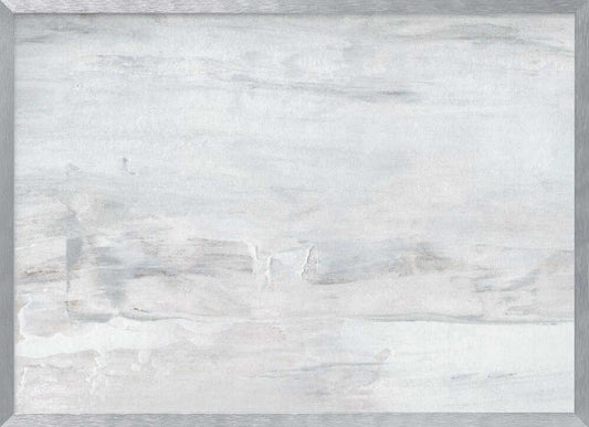 Abstract wall art with textured white and grey brushstrokes in a silver frame.