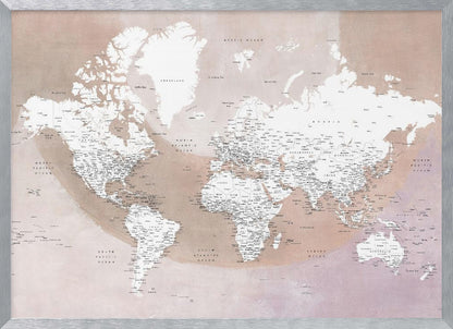A modern world map in a silver frame, featuring white continents and dusty pink oceans. The map is detailed with black typography for countries, cities, and oceans. Print