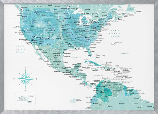 Aquamarine map of USA and Mexico - Poster / Art Print