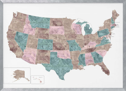 A stylized map of the United States in a silver frame. The states are colored with a marbled texture in alternating shades of muted brown, dusty pink, and teal. Each state is labeled, and the words 'UNITED STATES' are spaced across the country. Insets for Alaska and Hawaii are in the bottom left corner. Artwork