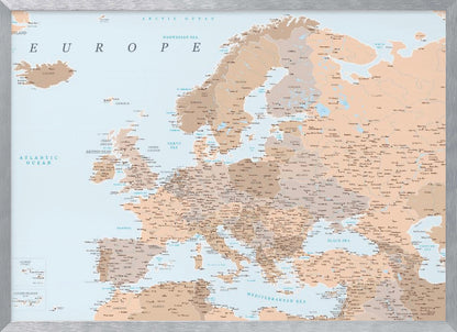A detailed political map of Europe with countries and cities labeled, presented in a muted color palette of beige and brown for land and light blue for water, all within a light gray frame. Decor