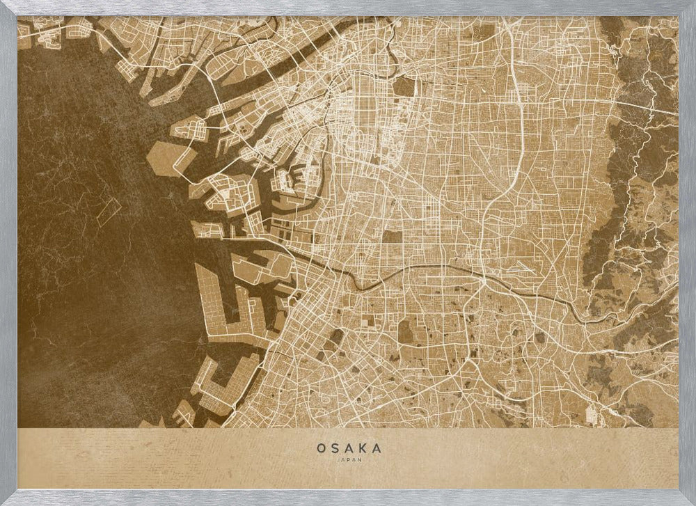 A framed, stylized map of Osaka, Japan, presented in monochrome brown and beige tones. The city's streets and coastline are intricately detailed in thin white lines against a textured brown background for the water and a lighter beige for the land, all enclosed within a sleek silver frame. Poster