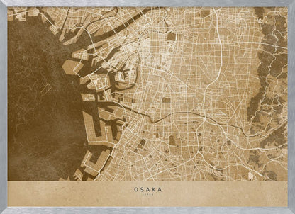 A framed, stylized map of Osaka, Japan, presented in monochrome brown and beige tones. The city's streets and coastline are intricately detailed in thin white lines against a textured brown background for the water and a lighter beige for the land, all enclosed within a sleek silver frame. Poster
