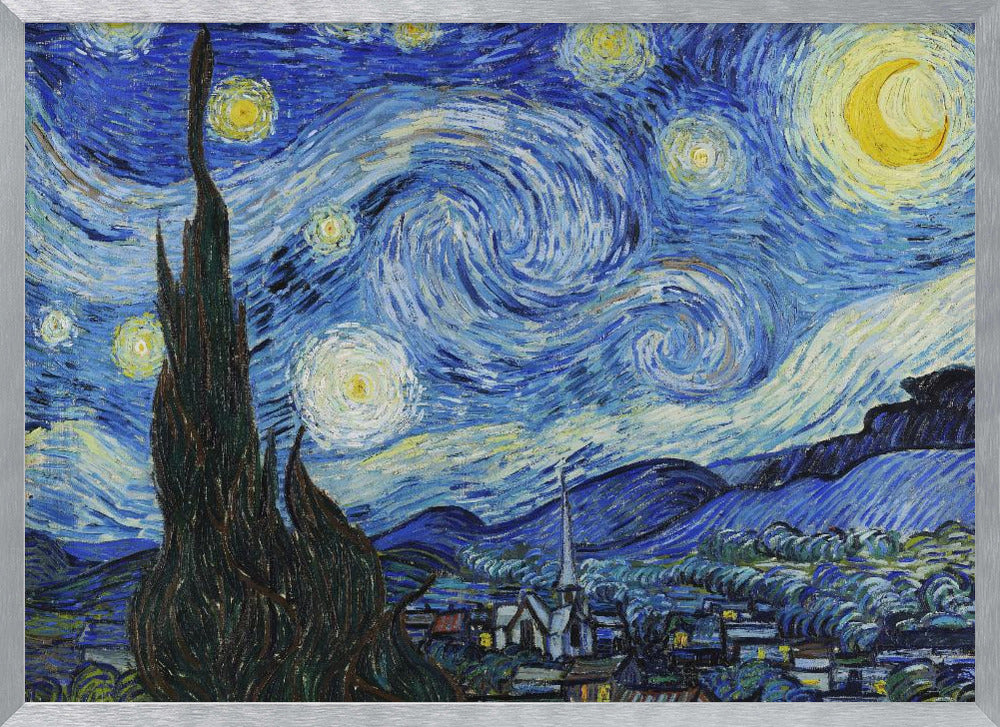 Vincent van Gogh's famous post-impressionist painting, 'The Starry Night,' in a simple silver frame. The artwork features a dramatic, swirling night sky in deep blues and yellows, with a glowing crescent moon and radiant stars over a peaceful village and a large, dark cypress tree in the foreground. Artwork