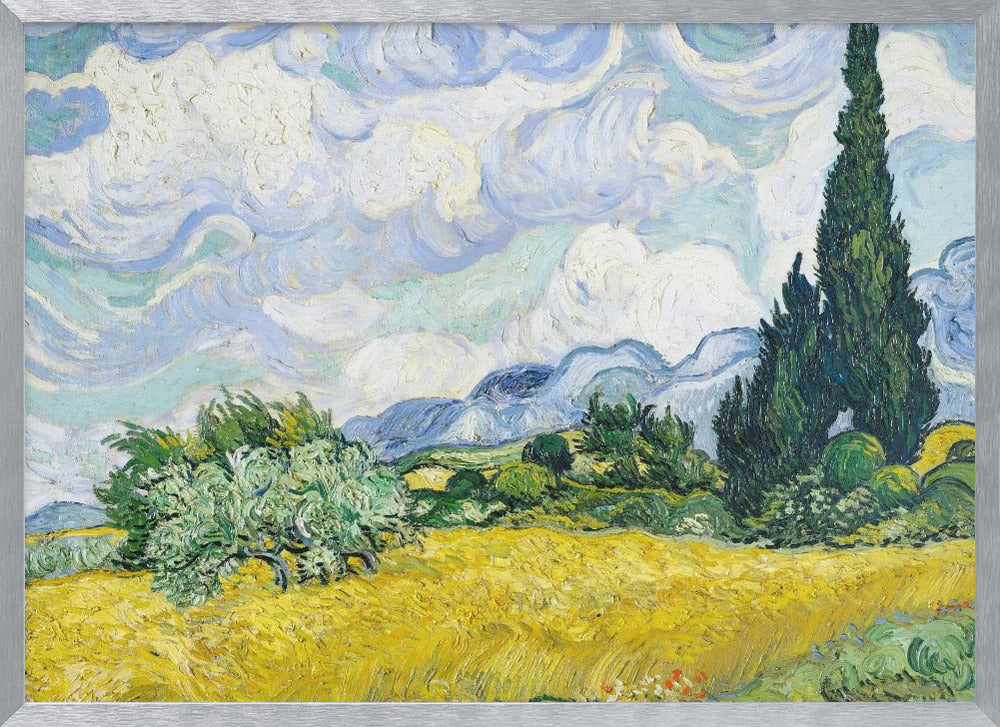 A framed print of Vincent van Gogh's painting 'Wheat Field with Cypresses.' The artwork depicts a vibrant golden wheat field under a dynamic sky filled with swirling white and blue clouds. A tall, dark green cypress tree dominates the right side, with rolling green hills and distant blue mountains in the background. Decor
