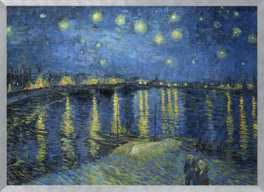 A framed print of Vincent van Gogh's painting, 'Starry Night Over the Rhône'. The artwork features a deep blue night sky filled with glowing yellow stars above a city skyline. The city lights and stars cast long, shimmering yellow reflections on the dark blue water of the river. In the foreground, two small figures of a couple are seen walking along the riverbank. Artwork