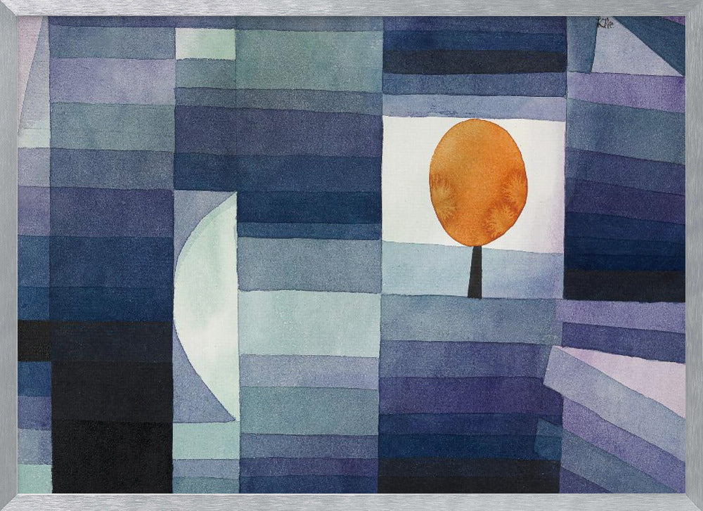 A framed abstract watercolor painting by Paul Klee, featuring a geometric background of horizontal stripes in various shades of blue and purple. A single stylized tree with a vibrant orange, circular top is set against a white background, creating a stark contrast. Poster