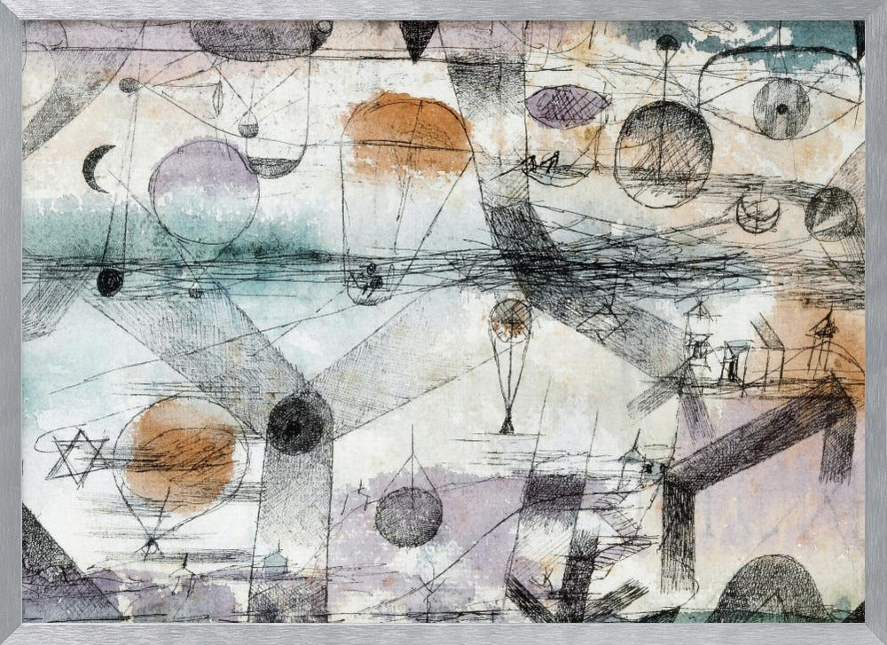 An abstract painting by Paul Klee featuring a complex composition of fine black lines, geometric shapes, and whimsical figures like balloons and boats. The background has subtle watercolor washes of pale orange, blue, and purple, creating a dreamlike and intricate scene within a silver frame. Artwork