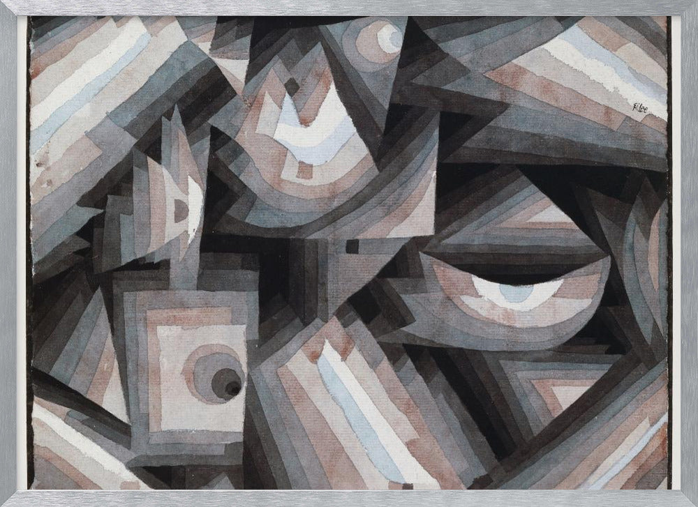 An abstract painting by Paul Klee, presented in a silver frame. The artwork features a dense composition of overlapping geometric shapes, including triangles, squares, and crescent forms. The color palette is muted, consisting primarily of shades of gray, black, and brown, with accents of pale blue and white. The shapes are filled with concentric bands of graduated color, creating a sense of depth and complex layering. Wall Art