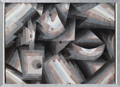 An abstract painting by Paul Klee, presented in a silver frame. The artwork features a dense composition of overlapping geometric shapes, including triangles, squares, and crescent forms. The color palette is muted, consisting primarily of shades of gray, black, and brown, with accents of pale blue and white. The shapes are filled with concentric bands of graduated color, creating a sense of depth and complex layering. Wall Art