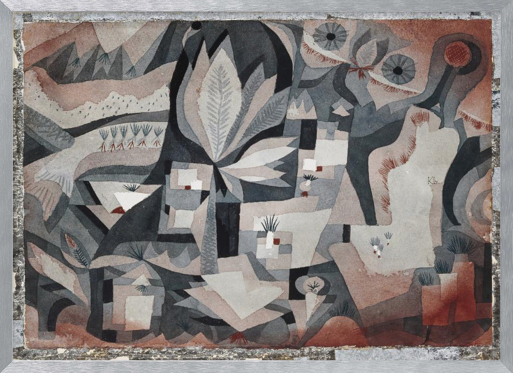 An abstract watercolor painting by Paul Klee featuring a complex composition of overlapping geometric and organic shapes in a muted palette of gray, black, and reddish-brown. The artwork deconstructs a natural scene, showing stylized plants, leaves, and landscape elements, with two prominent eye-like shapes in the upper right. The painting is displayed in a textured silver frame. Artwork