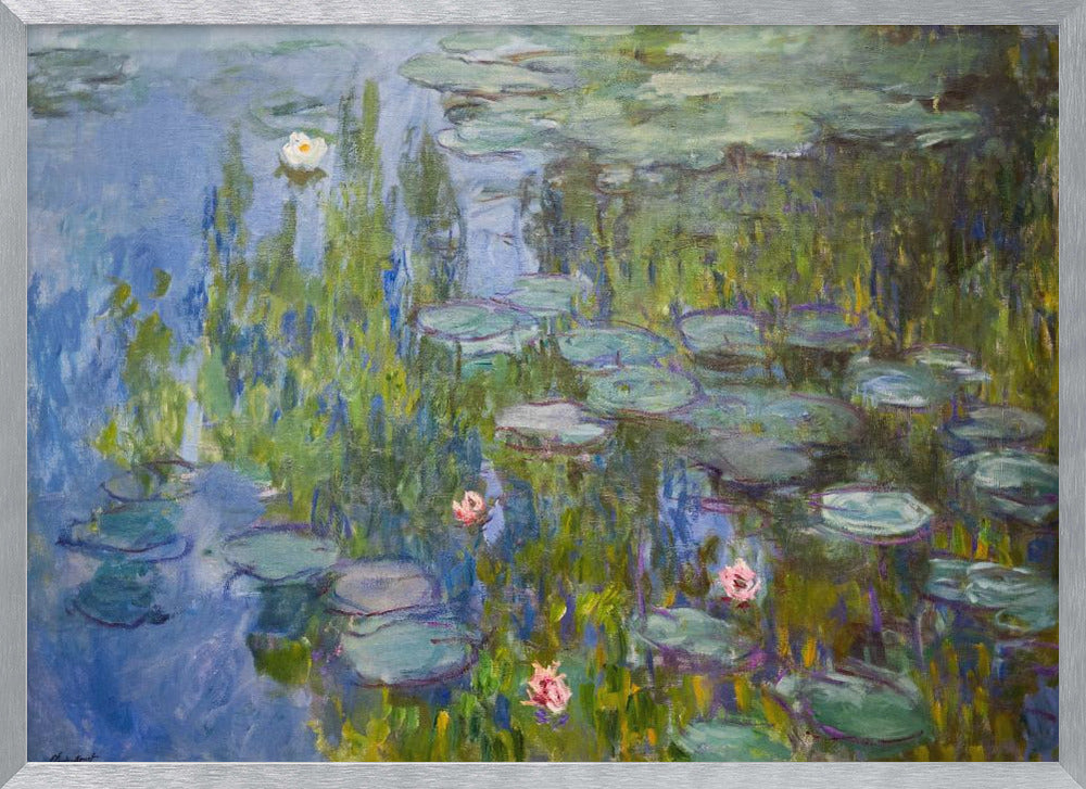 A framed impressionist painting of a water lily pond. The artwork features shades of blue water, numerous green lily pads, and scattered white and pink flowers, all rendered with visible, textured brushstrokes in the style of Monet. Wall Art