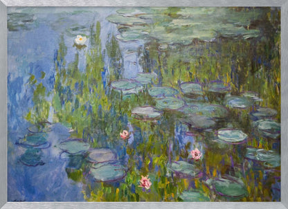A framed impressionist painting of a water lily pond. The artwork features shades of blue water, numerous green lily pads, and scattered white and pink flowers, all rendered with visible, textured brushstrokes in the style of Monet. Wall Art