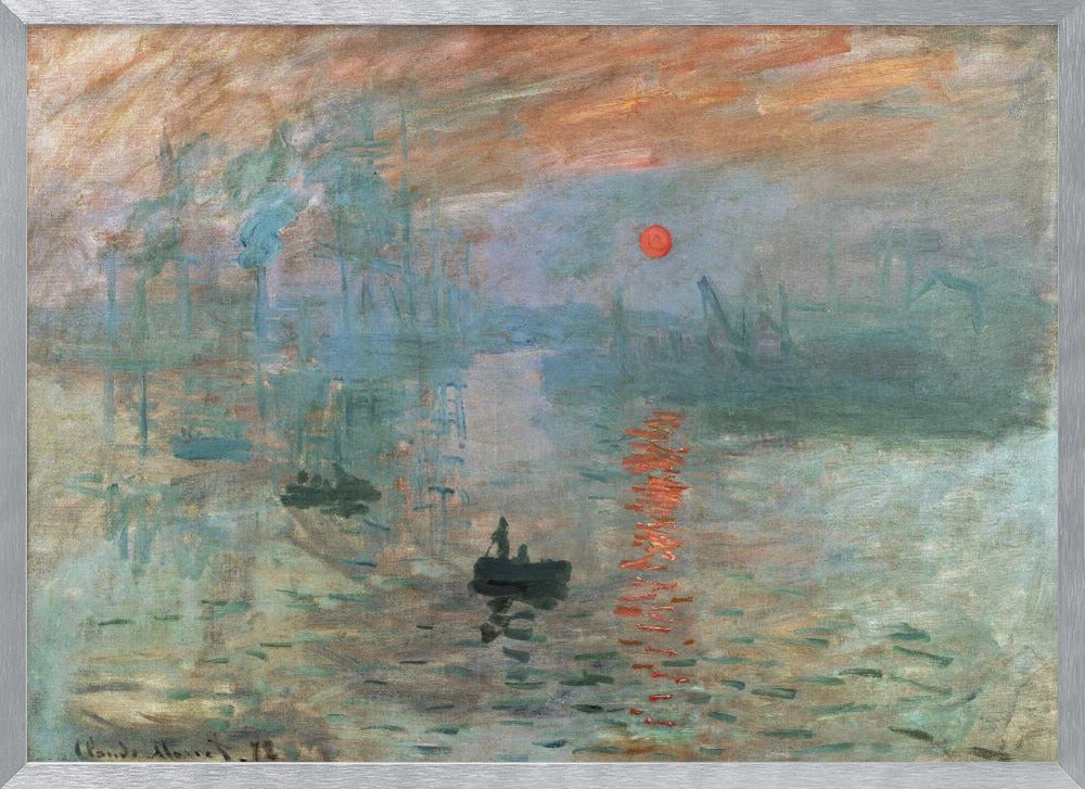 A framed Impressionist painting by Claude Monet titled 'Impression, Sunrise.' It depicts a hazy, misty harbor scene with a bright red-orange sun rising in the sky and reflecting on the water. Silhouettes of boats and industrial ships are visible through the fog. Wall Art