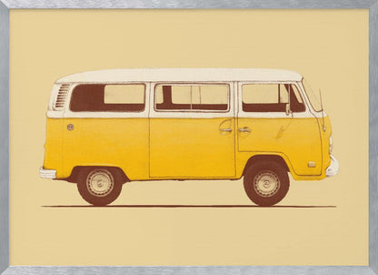 A vintage-style, framed illustration of a classic yellow and white camper van in side profile against a solid pale yellow background. The artwork has a retro, printed texture. Decor