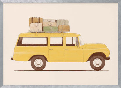 A side-profile illustration of a vintage yellow station wagon with a stack of luggage strapped to its roof rack. The car is set against a solid cream-colored background, giving the artwork a retro and minimalist feel. Decor