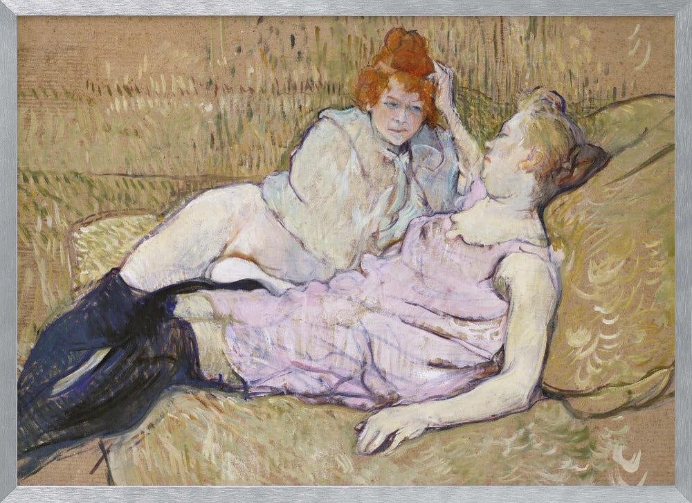 A Post-Impressionist painting by Henri de Toulouse-Lautrec titled 'The Sofa,' depicting two women lounging together on a greenish-tan couch. One woman with vibrant red hair, propped up on her elbow, looks down at her companion, who is lying back wearing a light pink dress and black stockings. The style is loose and painterly. Artwork