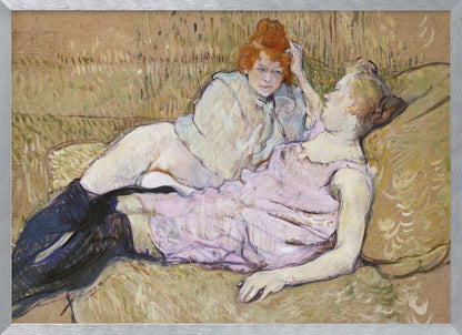 A Post-Impressionist painting by Henri de Toulouse-Lautrec titled 'The Sofa,' depicting two women lounging together on a greenish-tan couch. One woman with vibrant red hair, propped up on her elbow, looks down at her companion, who is lying back wearing a light pink dress and black stockings. The style is loose and painterly. Artwork