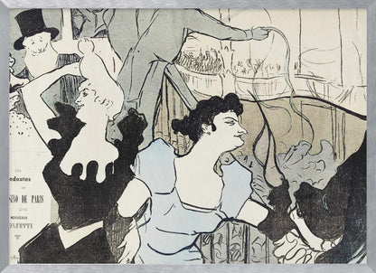 A framed Art Nouveau print by Henri de Toulouse-Lautrec depicting a bustling scene at the Casino de Paris. The lithograph features stylized figures, including a woman in a light blue dress and another in black, with a smiling man in a top hat in the background, all rendered with bold black lines and a limited color palette. Artwork