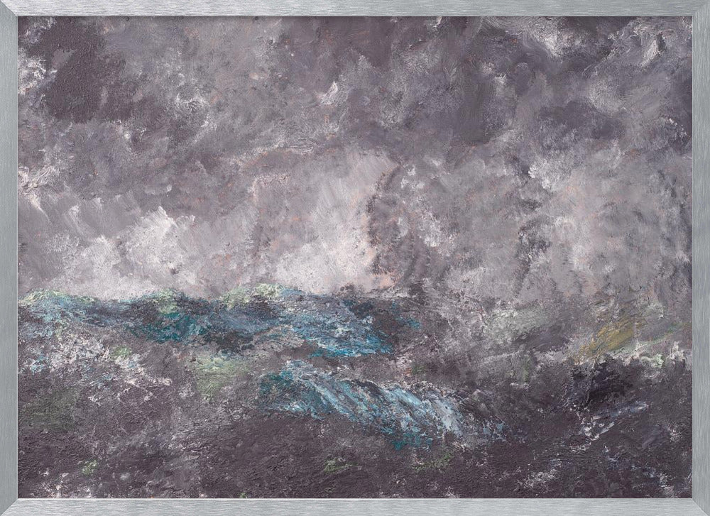 An abstract horizontal painting in a simple silver frame. The artwork features heavy texture and depicts a stormy scene, possibly a seascape. The top two-thirds is a tumultuous sky of dark and light grey swirls. The bottom third shows chaotic waves rendered in shades of dark grey, deep blue, teal, and white. Artwork