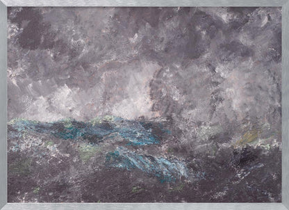 An abstract horizontal painting in a simple silver frame. The artwork features heavy texture and depicts a stormy scene, possibly a seascape. The top two-thirds is a tumultuous sky of dark and light grey swirls. The bottom third shows chaotic waves rendered in shades of dark grey, deep blue, teal, and white. Artwork