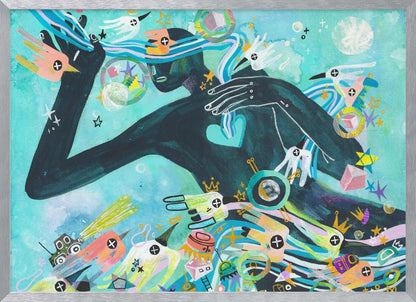 A vibrant abstract painting featuring a dark silhouette of a person against a turquoise background. The figure is surrounded by a chaotic explosion of colorful shapes, including stylized birds, stars, crowns, and geometric forms, creating a dynamic and dreamlike scene. Poster