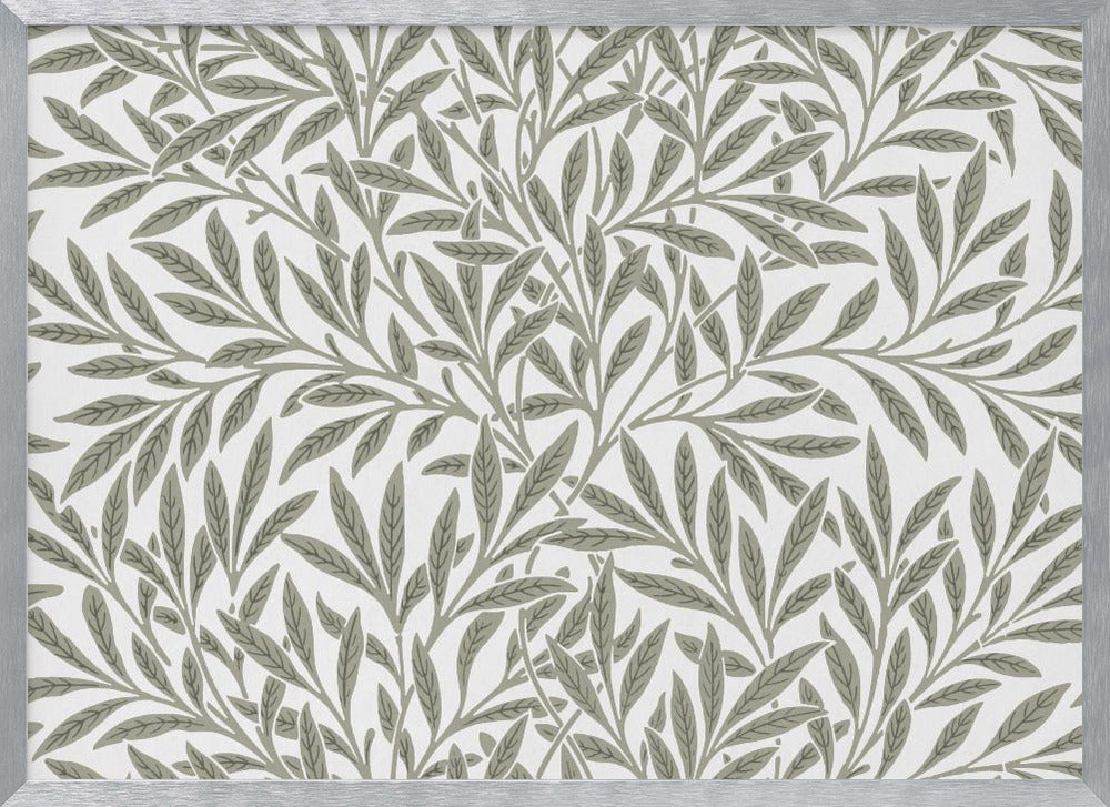 A framed art print displaying a dense pattern of sage green leaves and branches on a white background. The design is continuous and has a calm, naturalistic feel, enclosed within a simple silver frame. Artwork