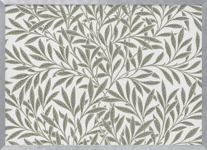 A framed art print displaying a dense pattern of sage green leaves and branches on a white background. The design is continuous and has a calm, naturalistic feel, enclosed within a simple silver frame. Artwork