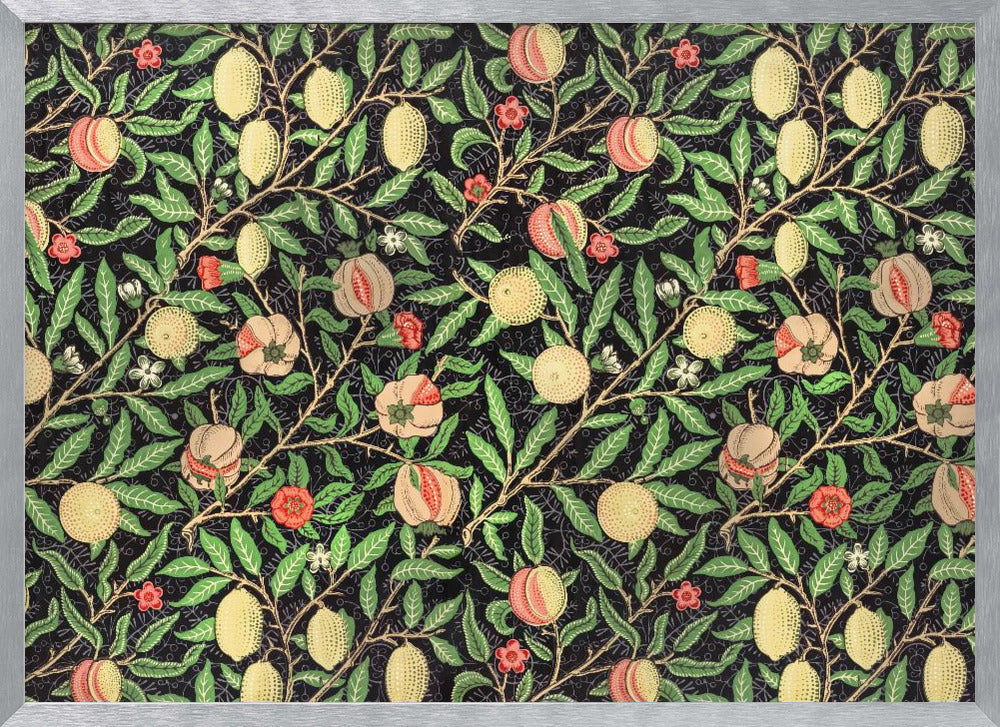 A framed vintage botanical pattern featuring various fruits like lemons, peaches, and pomegranates on twisting branches with green leaves and small flowers, all set against a dark, detailed background. The style is reminiscent of William Morris. Wall Art