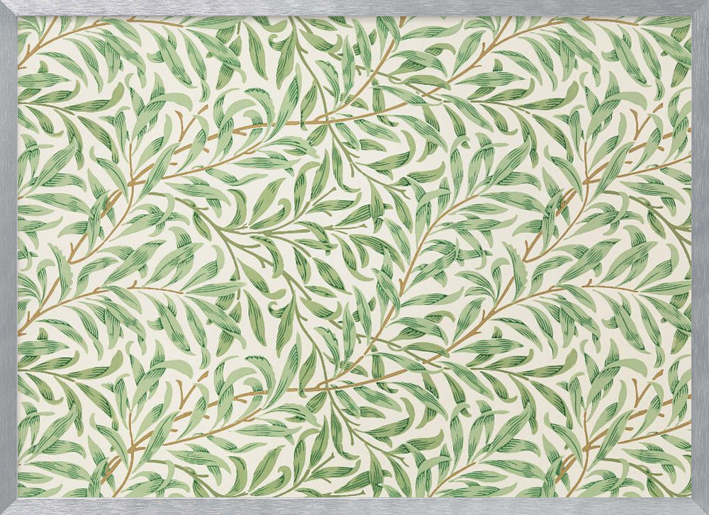 A classic William Morris 'Willow Boughs' pattern featuring intertwined green leaves and brown stems on a cream background, displayed within a simple brushed silver frame. Decor