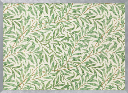 A classic William Morris 'Willow Boughs' pattern featuring intertwined green leaves and brown stems on a cream background, displayed within a simple brushed silver frame. Decor