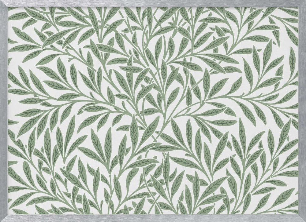 A framed art print with a repeating pattern of sage green leaves and branches on a white background. The style is elegant and inspired by nature, and the print is housed in a simple silver frame. Poster