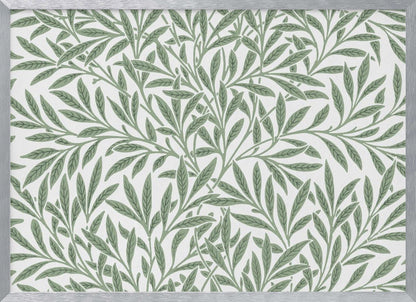A framed art print with a repeating pattern of sage green leaves and branches on a white background. The style is elegant and inspired by nature, and the print is housed in a simple silver frame. Poster