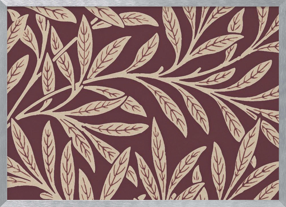 A framed piece of art with a repeating pattern of stylized, cream-colored leaves and branches on a deep burgundy background. The frame is a simple silver. Poster