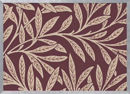 A framed piece of art with a repeating pattern of stylized, cream-colored leaves and branches on a deep burgundy background. The frame is a simple silver. Poster