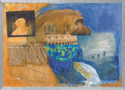An abstract mixed-media collage in a silver frame, featuring prominent blue and orange painted sections. The collage includes images of the Roman Colosseum, a weather map, a framed silhouette, a historical portrait, a map of Italy, and various photographic scenes, creating a layered and complex composition. Wall Art