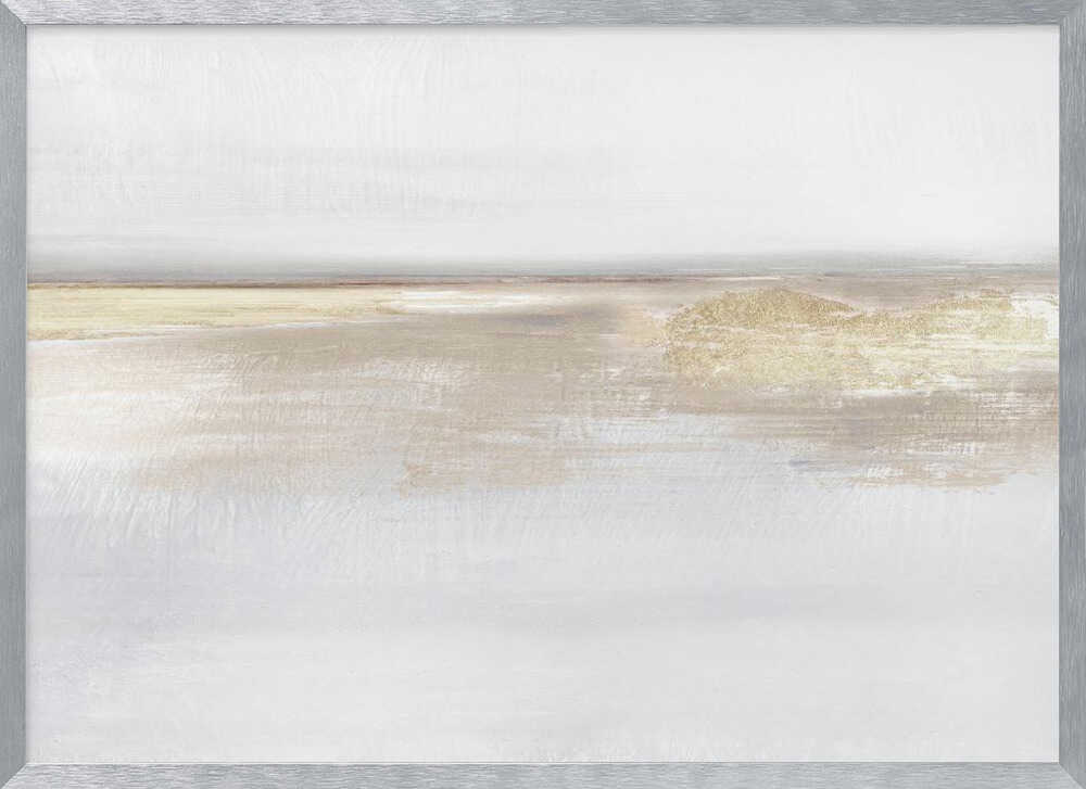 Abstract landscape art in neutral beige and white tones with shimmering gold details, set in a modern silver frame.