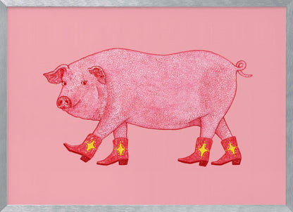 A whimsical illustration of a large pink pig walking to the left, wearing a set of four red cowboy boots, each decorated with a yellow star. The background is a solid light pink, and the artwork is enclosed in a silver frame. Artwork