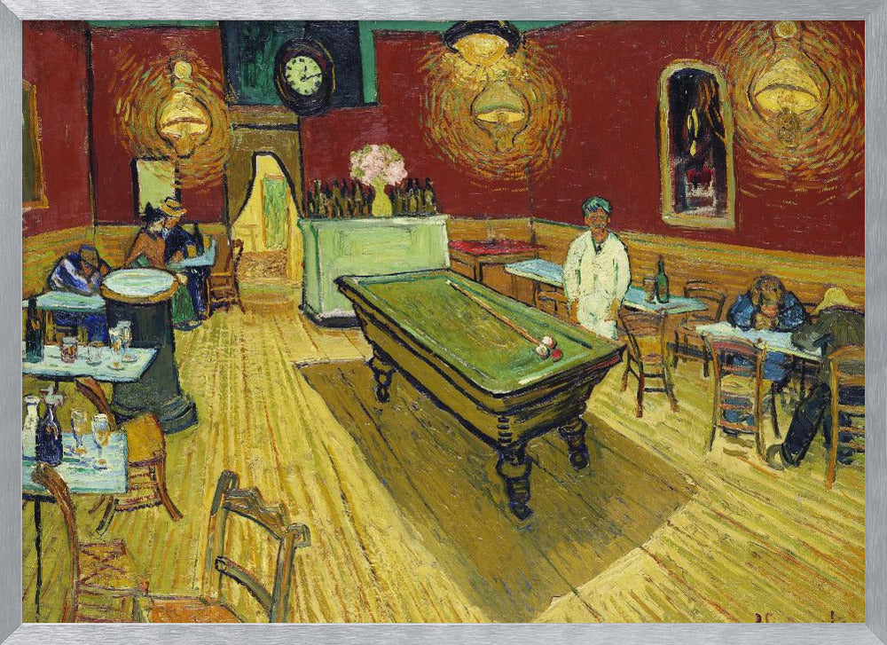 The Night Café by Vincent van Gogh, a famous post-impressionist painting depicting the interior of a late-night café. The room features a central green billiard table, stark red walls, and a bright yellow floor, all illuminated by glowing ceiling lamps. A few patrons are scattered at tables, creating a somber atmosphere. Decor