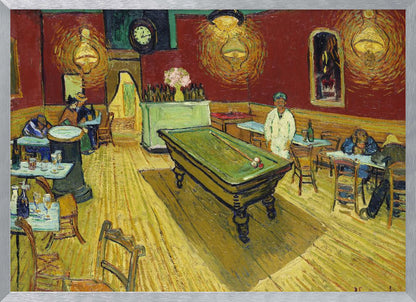 The Night Café by Vincent van Gogh, a famous post-impressionist painting depicting the interior of a late-night café. The room features a central green billiard table, stark red walls, and a bright yellow floor, all illuminated by glowing ceiling lamps. A few patrons are scattered at tables, creating a somber atmosphere. Decor