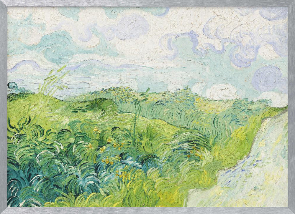 A framed art print of Vincent van Gogh's painting, 'Green Wheat Fields, Auvers'. It showcases a vibrant landscape of rolling green hills under a swirling blue and white sky, all rendered in his signature expressive, impasto brushwork. Print