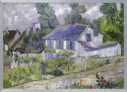 A post-impressionist painting by Vincent van Gogh depicting a quaint village scene. The artwork, characterized by thick, energetic brushstrokes, features houses with blue and thatched roofs, surrounded by lush green trees and foliage under a cloudy sky. The scene is framed in a simple silver border. Print