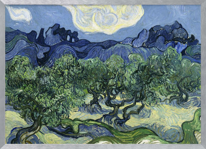A framed post-impressionist painting by Vincent van Gogh depicting a vibrant landscape of gnarled green olive trees against a backdrop of rolling dark blue mountains under a swirling, stylized sky. Artwork