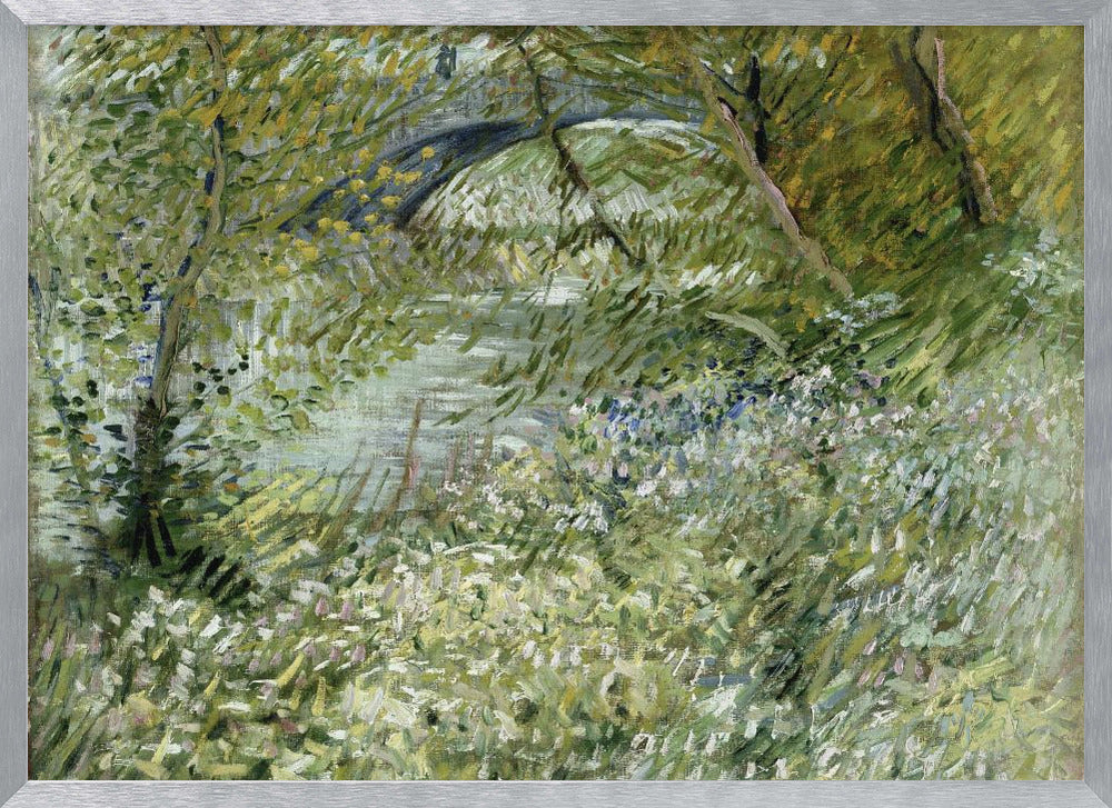 A framed impressionist painting by Vincent van Gogh, depicting the banks of a river. The scene is lush with green foliage and trees. In the foreground, white and blue flowers bloom in the tall grass. A bridge is partially visible in the background through the leaves. The brushwork is energetic and textured. Print