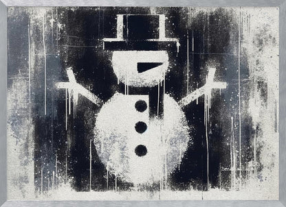 A framed black and white urban art piece featuring a stenciled snowman. The artwork has a gritty, street-art feel with spray paint texture, drips, and splatters on a dark, distressed background. The snowman is white with a black top hat, scarf, buttons, and nose. Decor