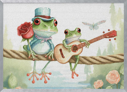 A whimsical watercolor illustration of two green frogs sitting on a thick rope. The frog on the left wears a blue top hat and holds a red rose, while the frog on the right serenades it with a small guitar. A dragonfly flies above them against a soft, natural background. Poster
