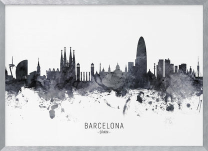 A framed black and white watercolor silhouette of the Barcelona, Spain skyline. Famous landmarks like the Sagrada Familia and Torre Glòries are visible. The word 'BARCELONA' is printed below the cityscape against a clean white background. Poster