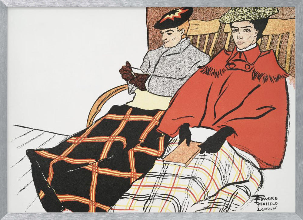 A vintage illustration by Edward Penfield depicting a man and a woman sitting in wooden chairs. The woman in the foreground wears a bright red cape and holds a book, with a white and red plaid blanket on her lap. The man behind her wears a grey coat and has a black and red plaid blanket covering his legs. Poster