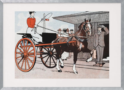 A vintage color illustration depicting a woman in a red jacket driving a two-wheeled carriage with large red wheels. The carriage is pulled by a brown horse. A man in a grey suit stands nearby, tipping his hat in greeting. Wall Art